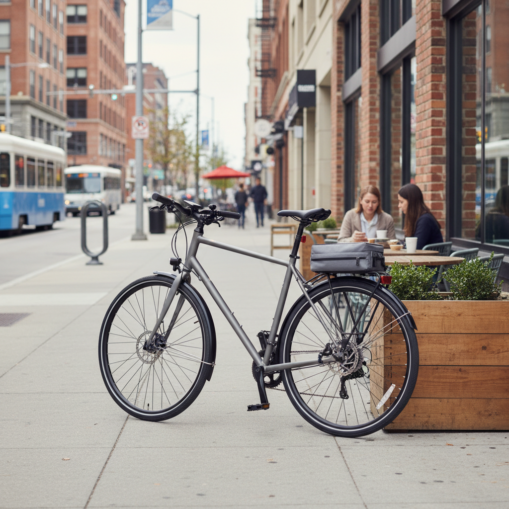 Hybrid commuter bike with rear rack, fenders, and lights parked near a cafe