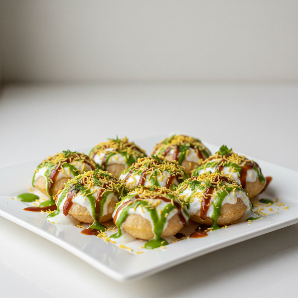 Crisp dahi puri chaat assembled with yogurt and chutneys on a serving plate