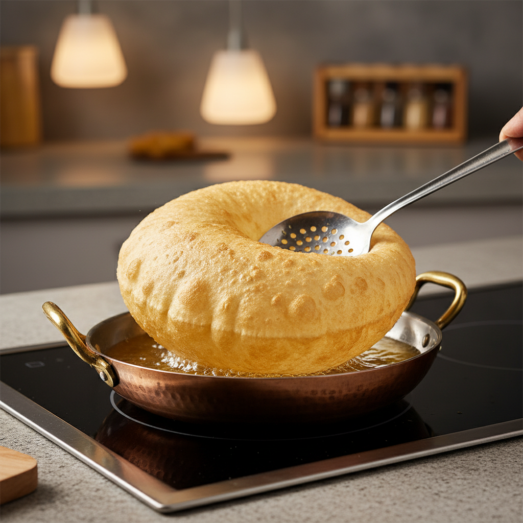 Bhature puffing in hot oil in a deep frying pan