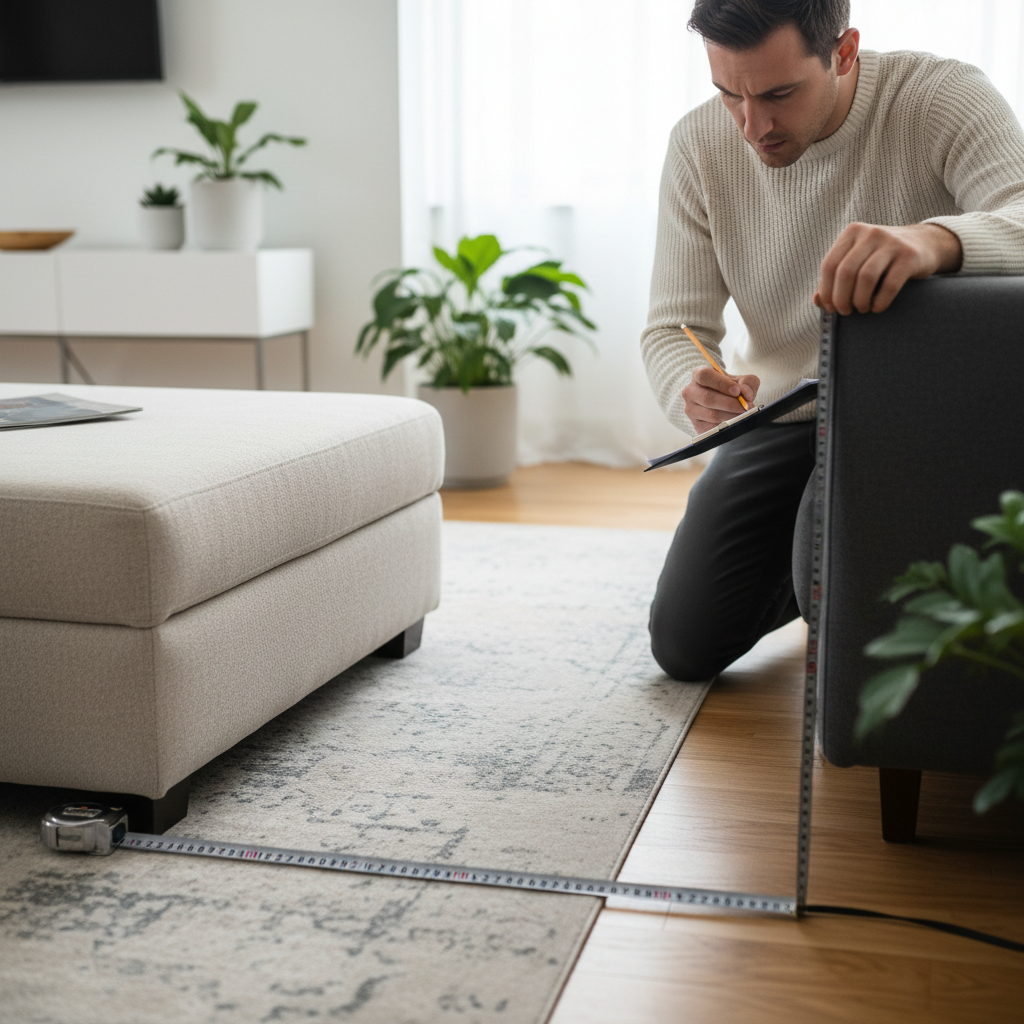 Measuring tape checking ottoman height and distance from sofa in a living room layout