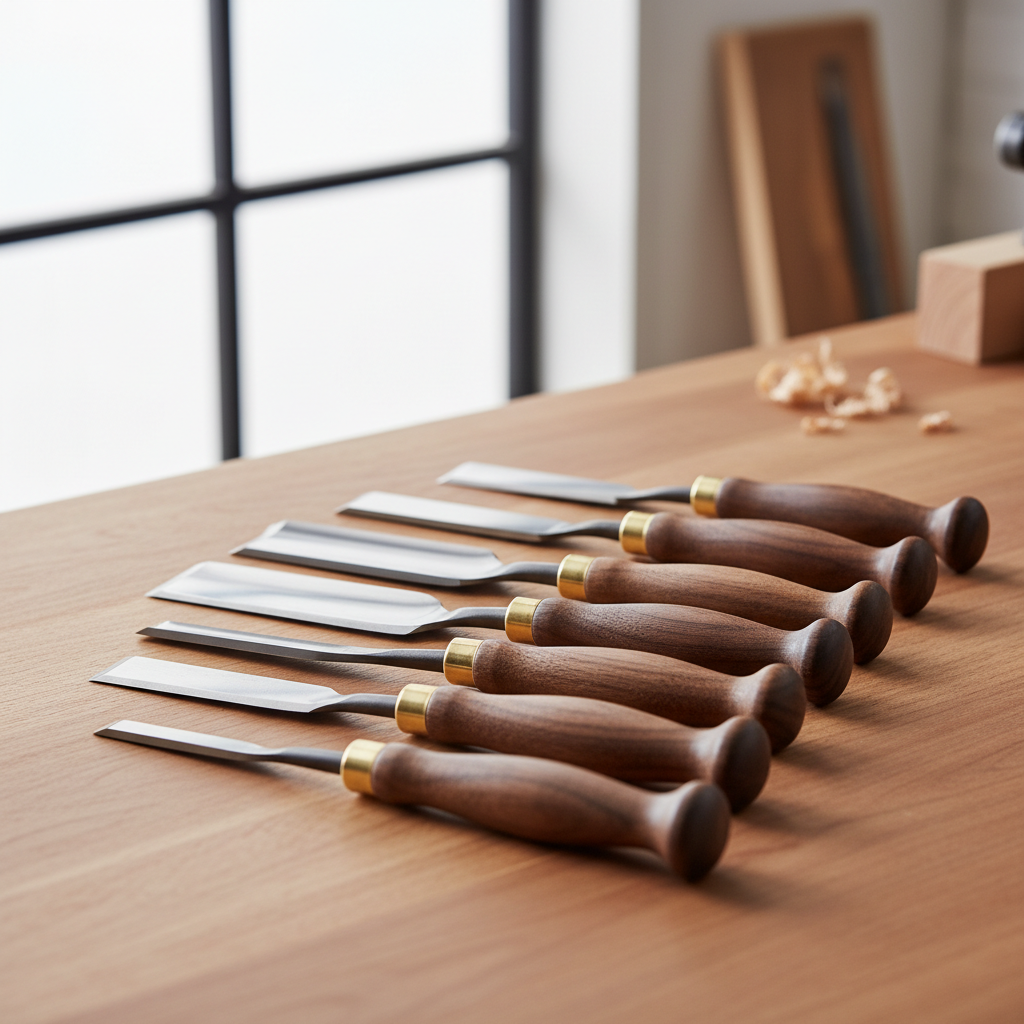 Wood carving gouges set laid out with different sweeps and handles