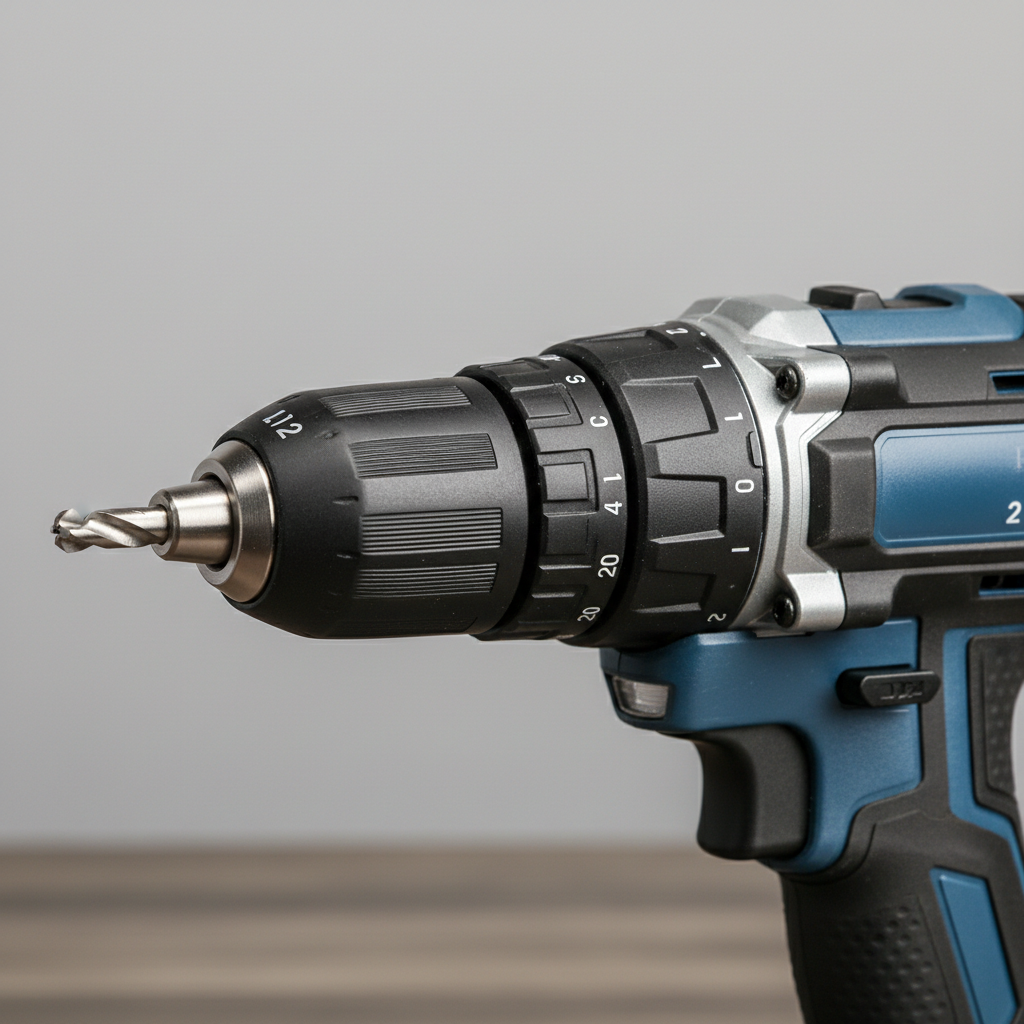 Cordless drill features close-up showing clutch, chuck, and speed selector