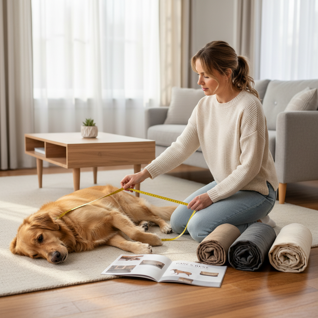 Measuring a dog for an orthopedic bed size with a tape measure on the floor