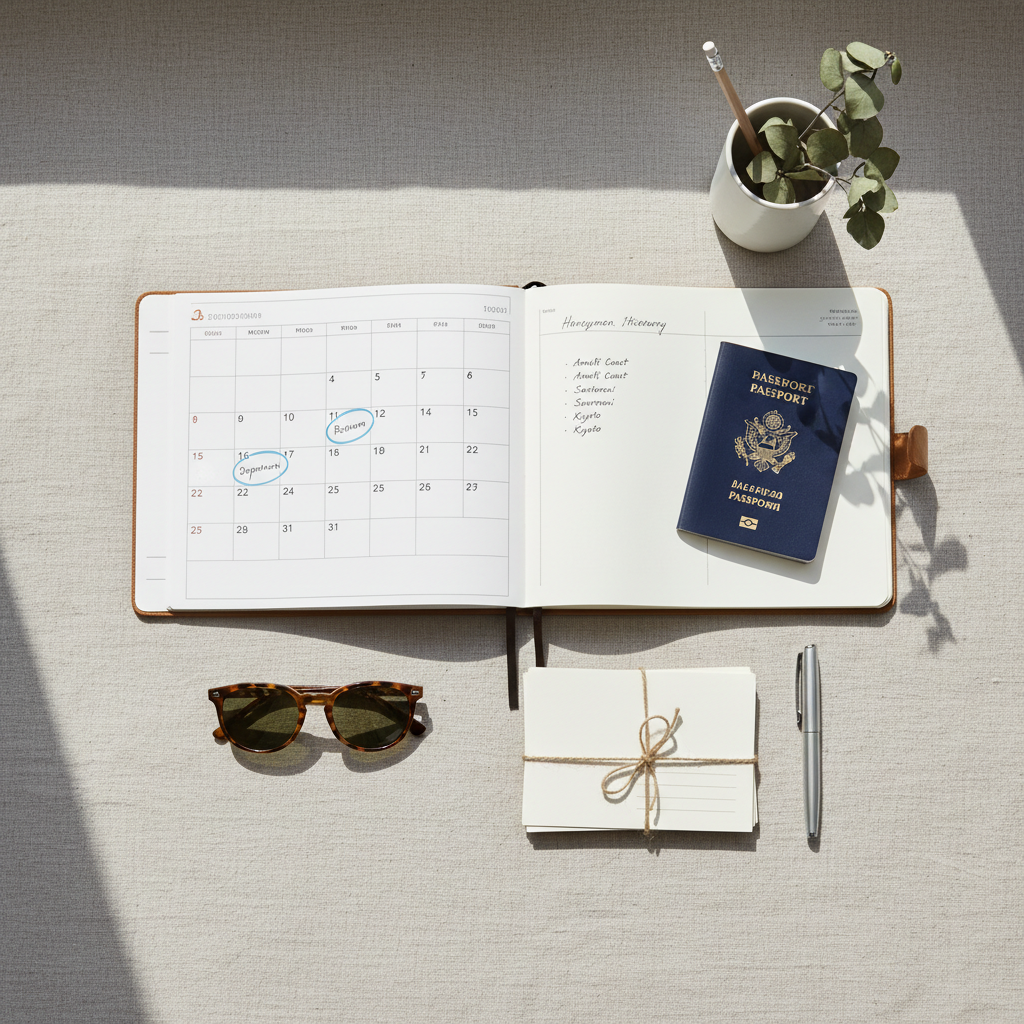 Romantic honeymoon destination planning with calendar and travel notes