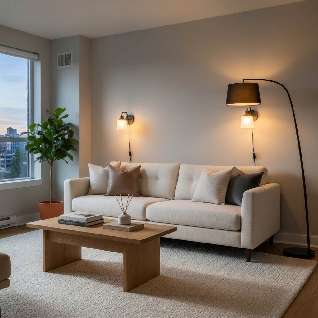 Living room with rental friendly plug-in wall sconces and layered lighting