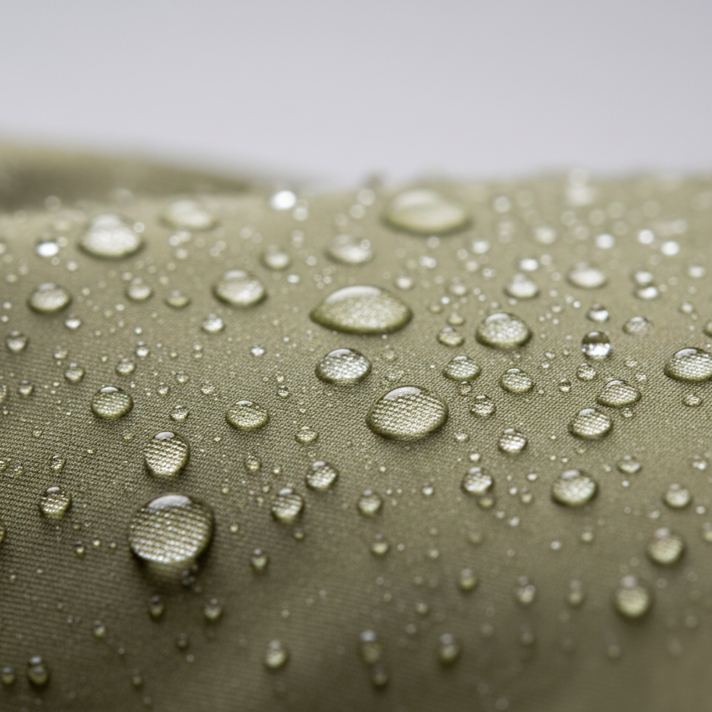 Close-up of rain jacket fabric beading water after DWR refresh