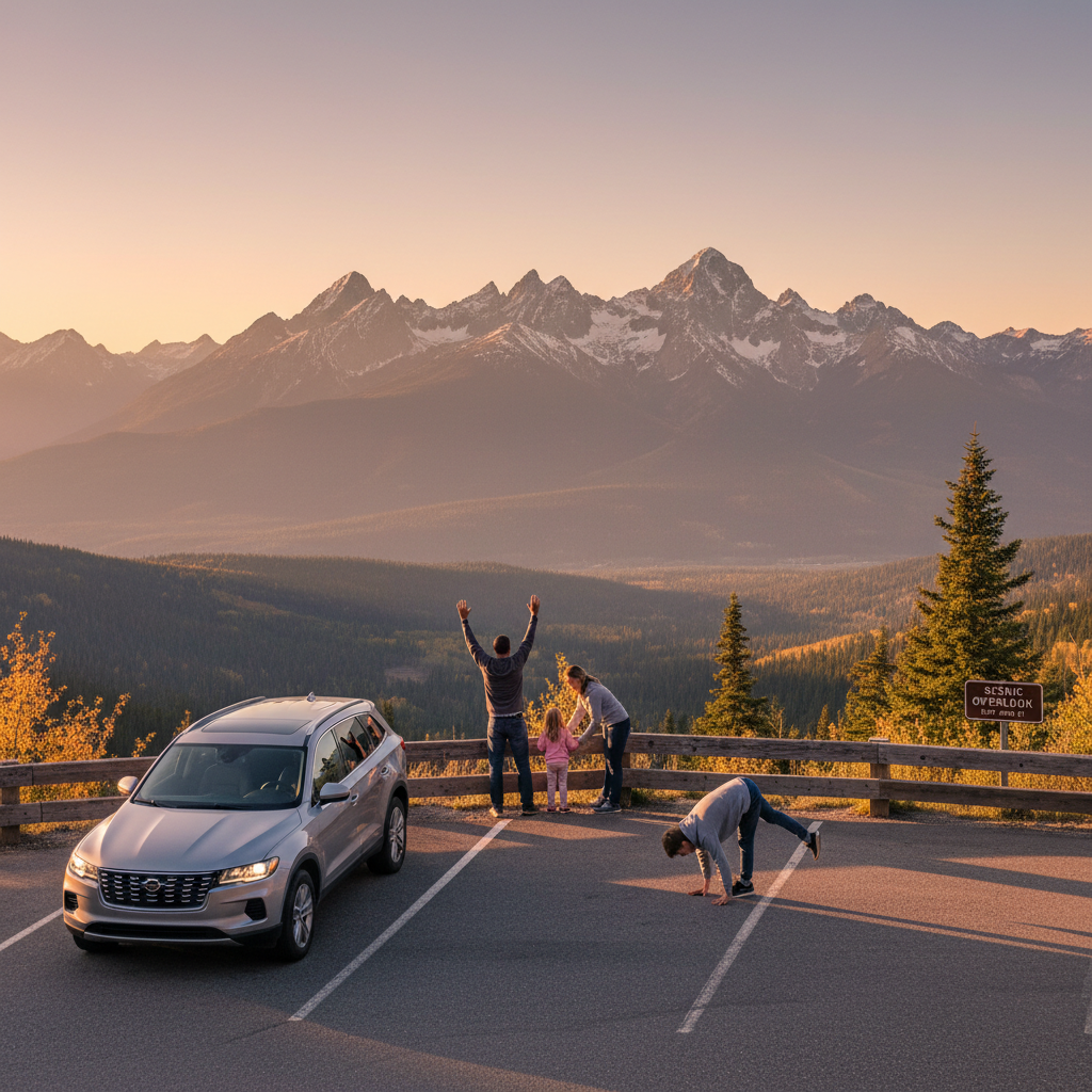 Family stretching at a scenic roadside overlook during a road trip stop