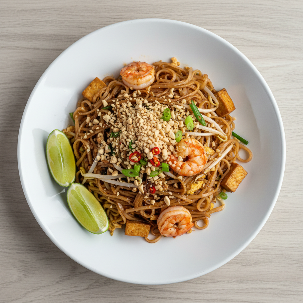 Finished authentic Pad Thai plated with peanuts and lime wedges