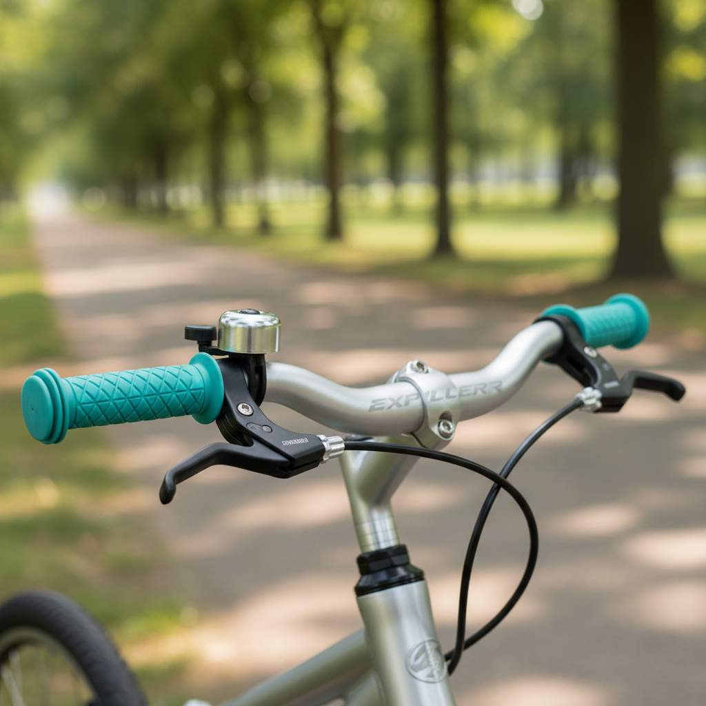 Close-up of kid-friendly brake lever on a small children’s bicycle