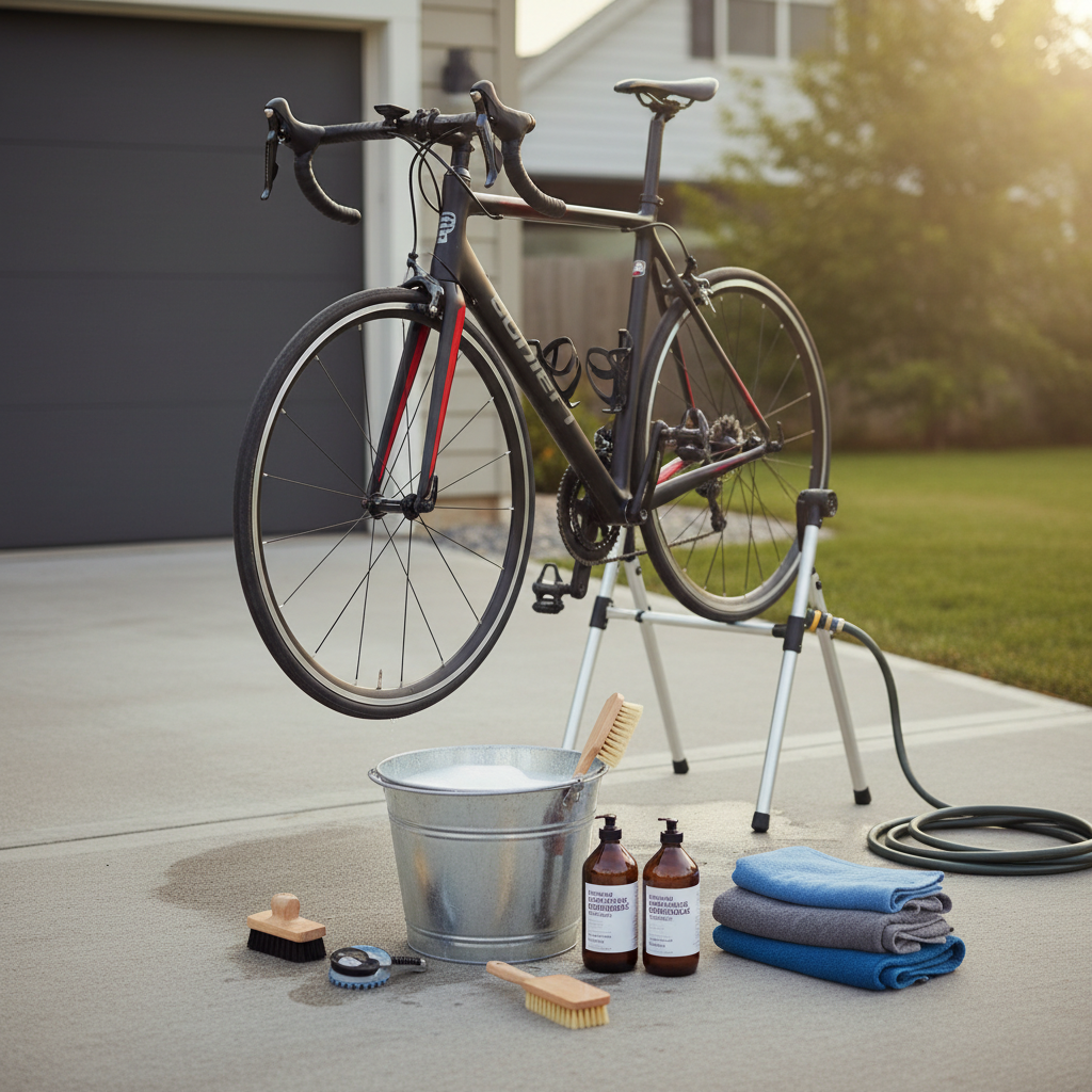 Home bike cleaning setup with brushes, degreaser, and microfiber towels