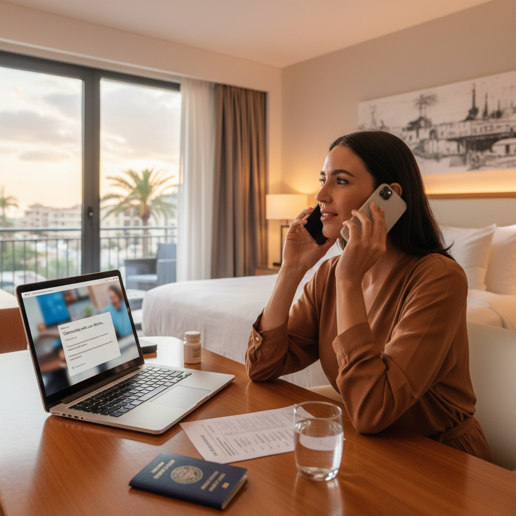 Traveler calling pharmacy and telehealth while abroad with medication list