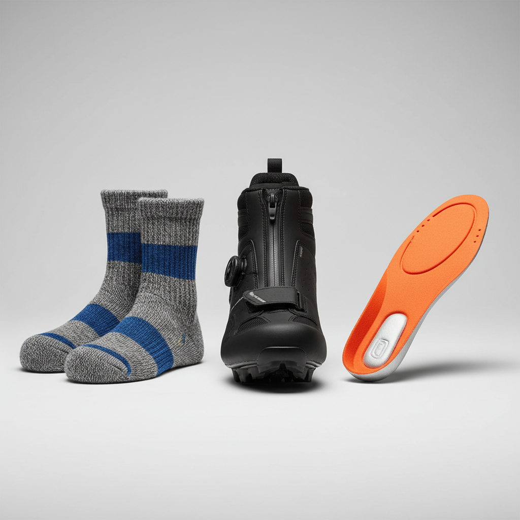 Close-up of winter cycling shoe with merino sock and thermal insole setup