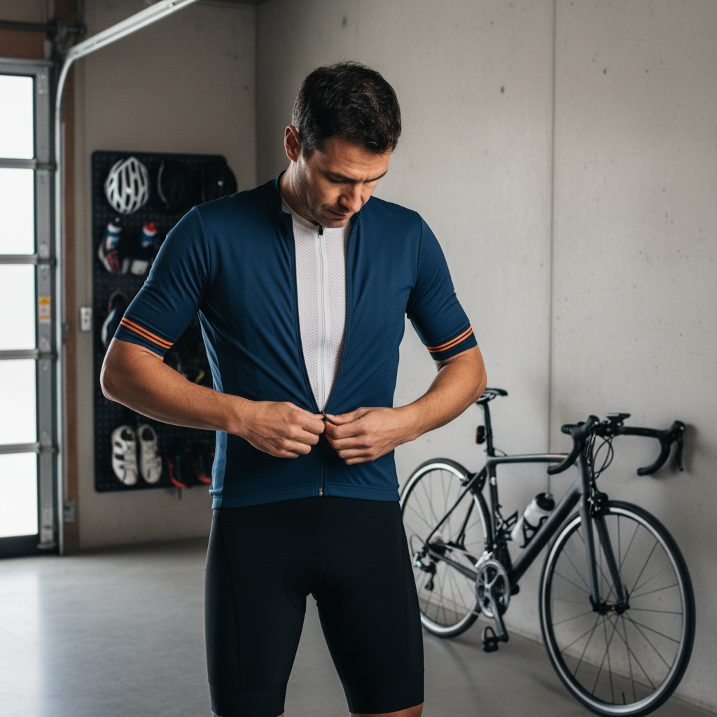 Cyclist adjusting jersey zipper and layering with a lightweight base layer