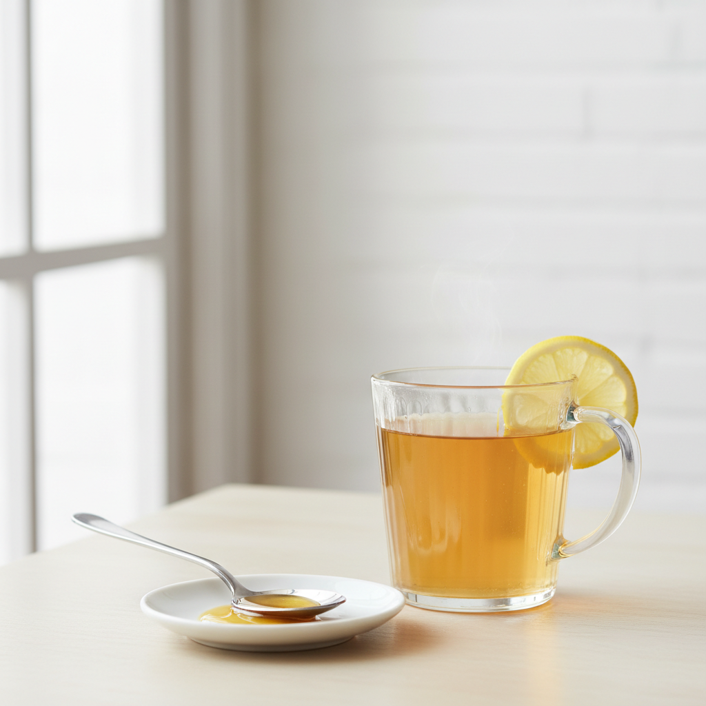 Cup of homemade ginger tea with lemon slice and honey on the side
