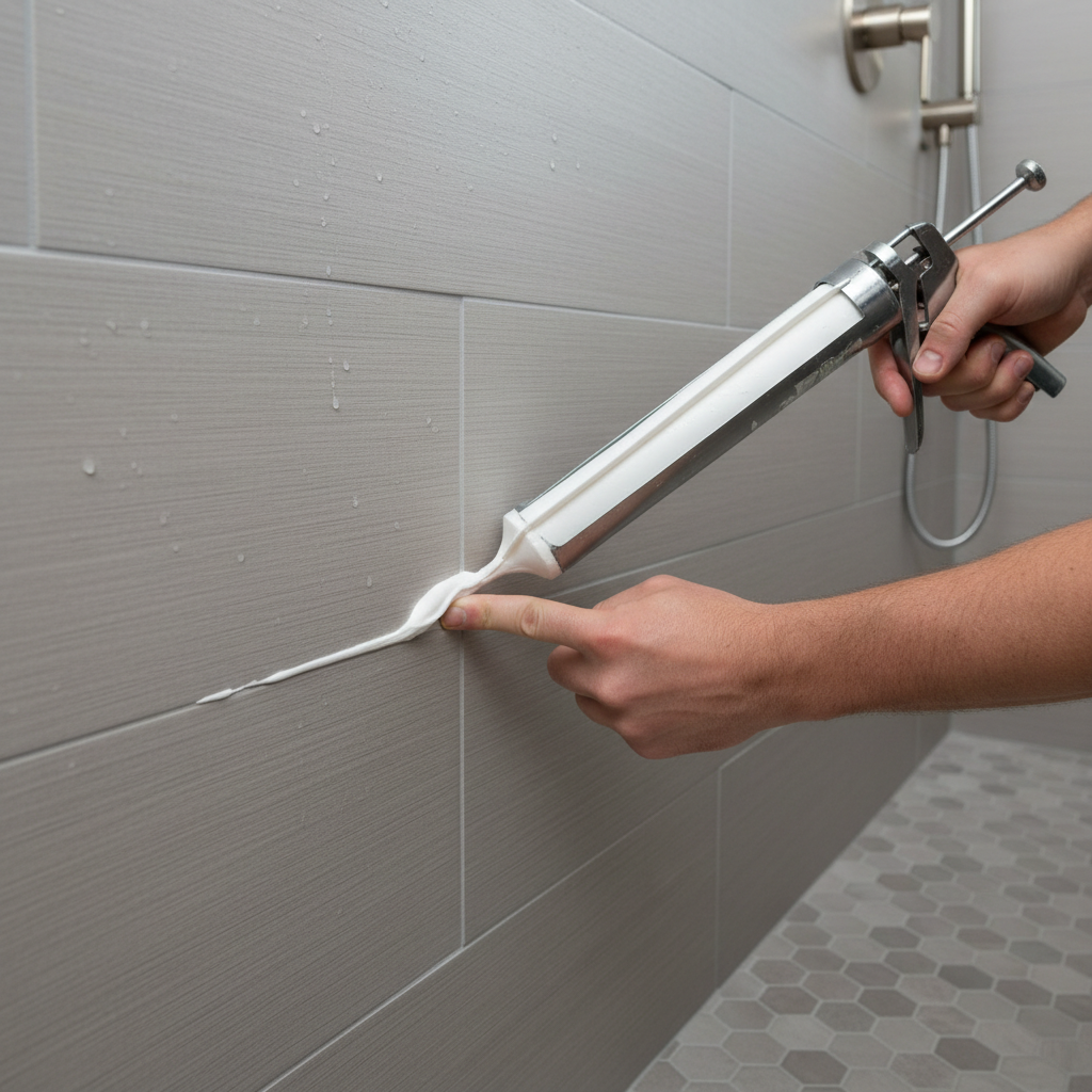 Applying fresh silicone caulk to a clean shower corner seam