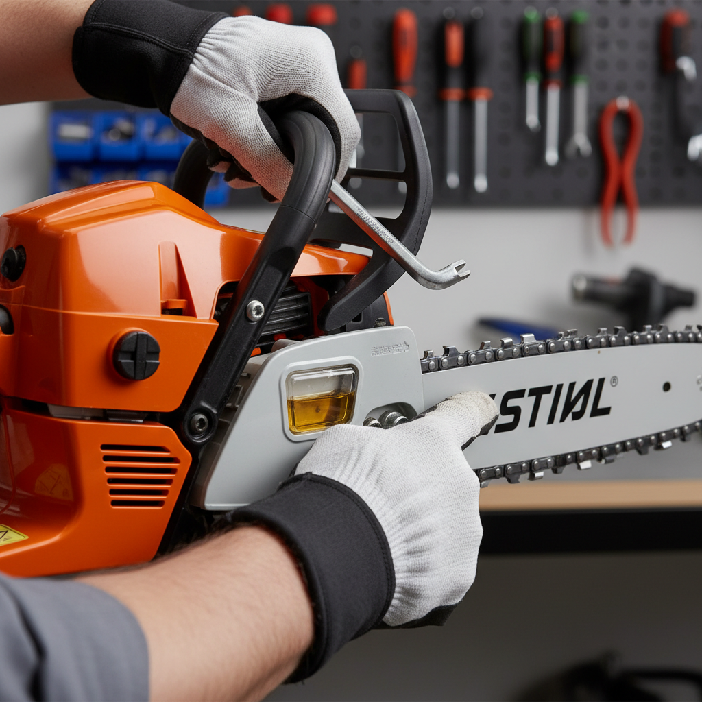 Close-up of adjusting chainsaw chain tension and checking bar oil