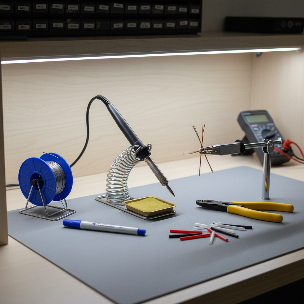 Soldering setup for wire splicing with iron, solder, flux, and heat shrink