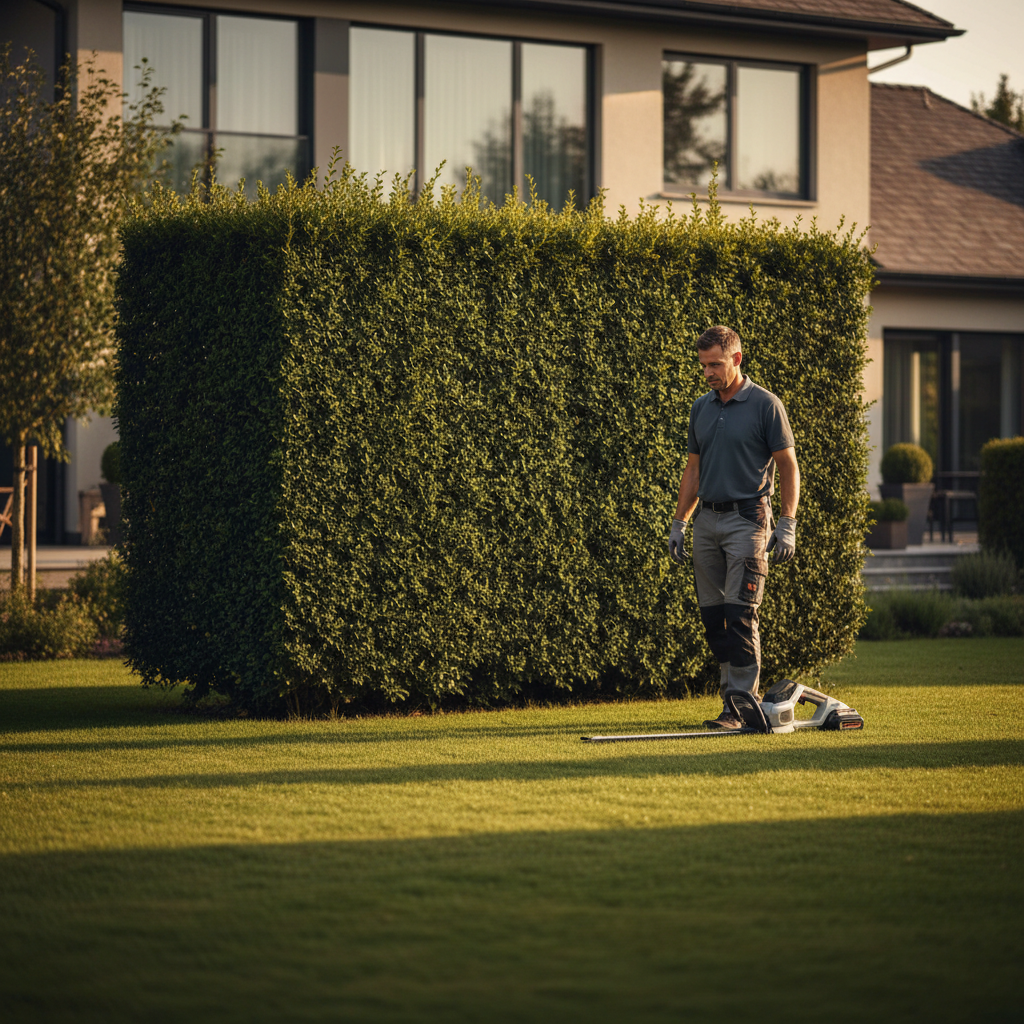 Stepping back to inspect hedge symmetry after trimming with a power hedge trimmer