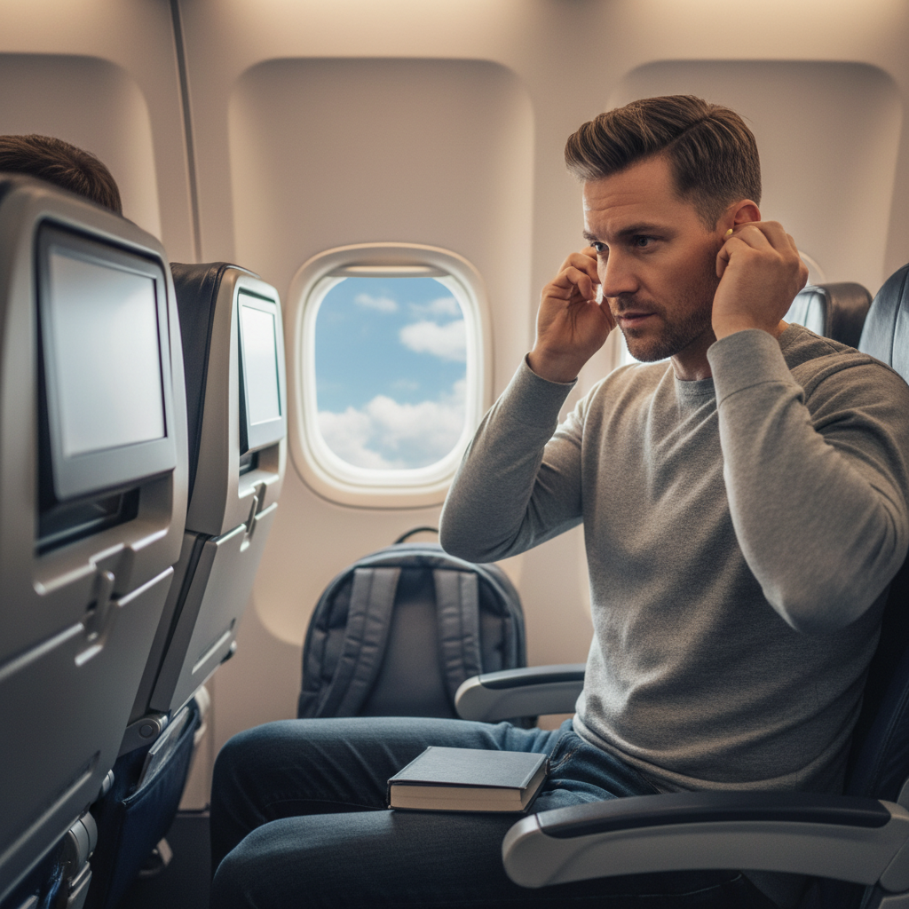 Traveler using ear plugs on an airplane to reduce cabin noise