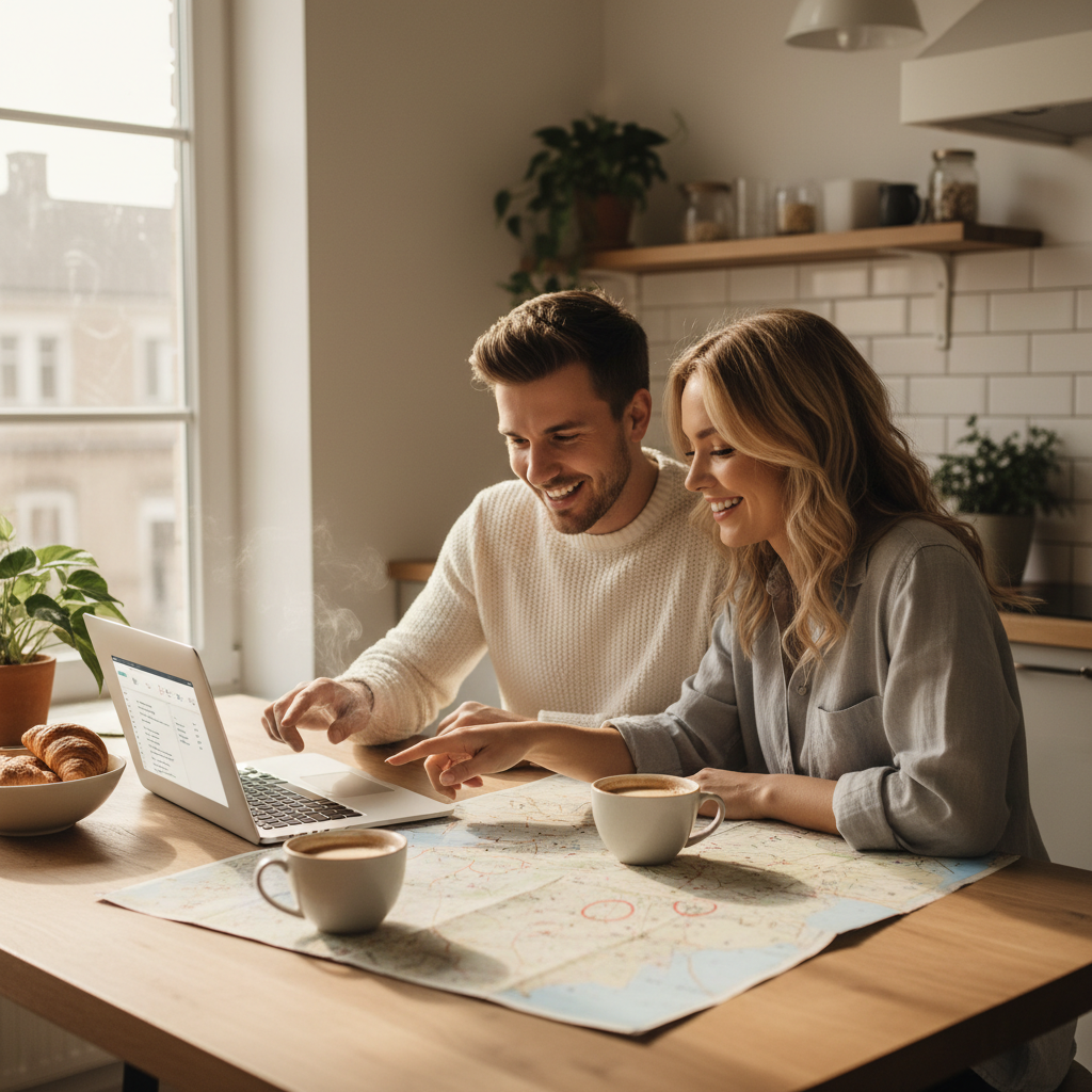 Couple planning a romantic trip with map and laptop