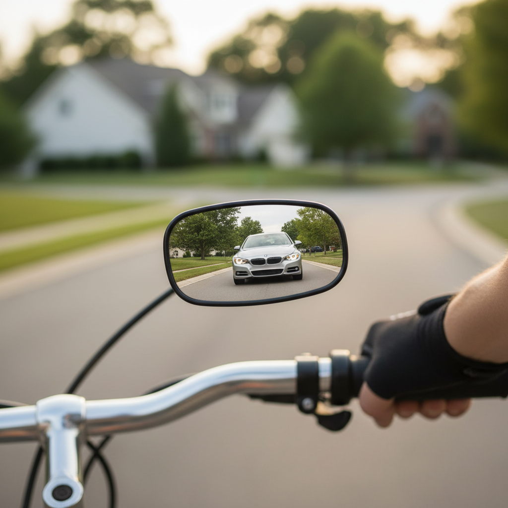 Rear-view perspective through a bike mirror showing cars approaching behind