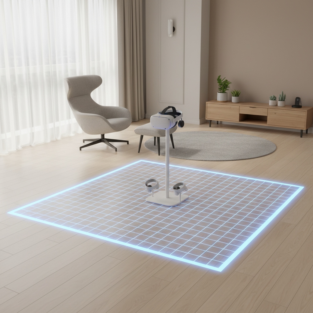 VR play area setup for puzzle games with safe boundary and headset on stand