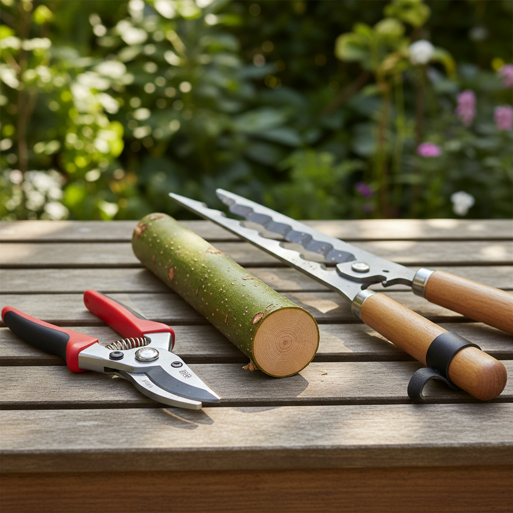 Close-up of bypass pruner vs hedge shear blade showing clean cut on a woody stem