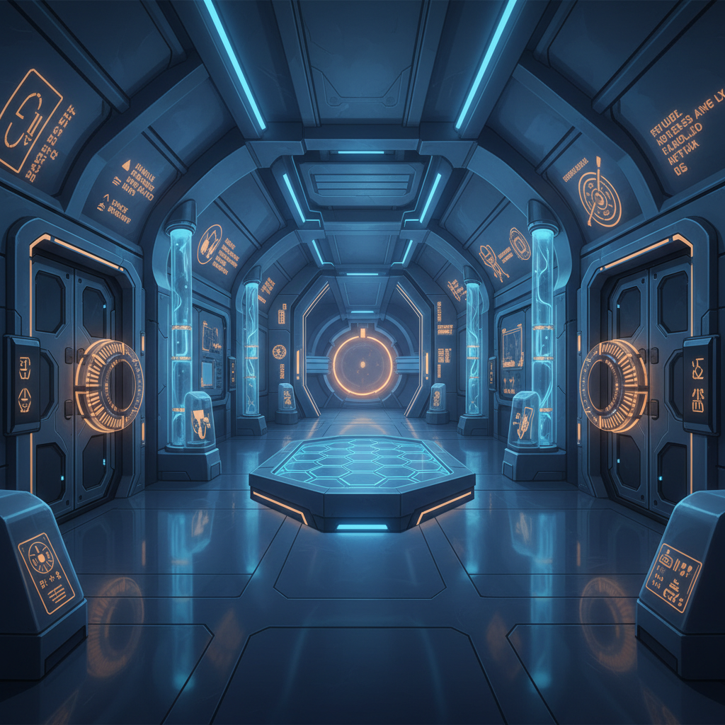 A virtual escape room with puzzle panels, locks, and clues in a sci-fi setting