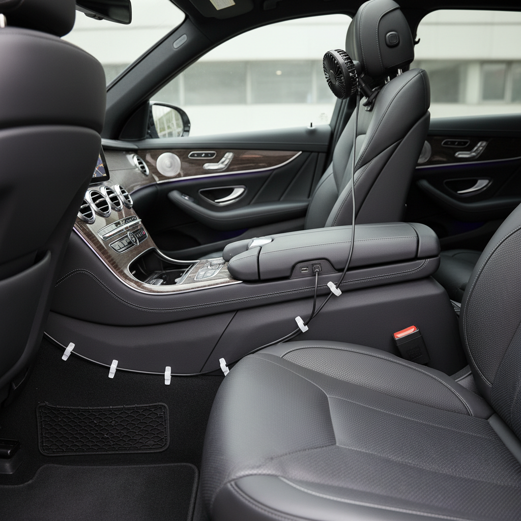 Safe cable routing for a backseat USB fan along car seat and trim