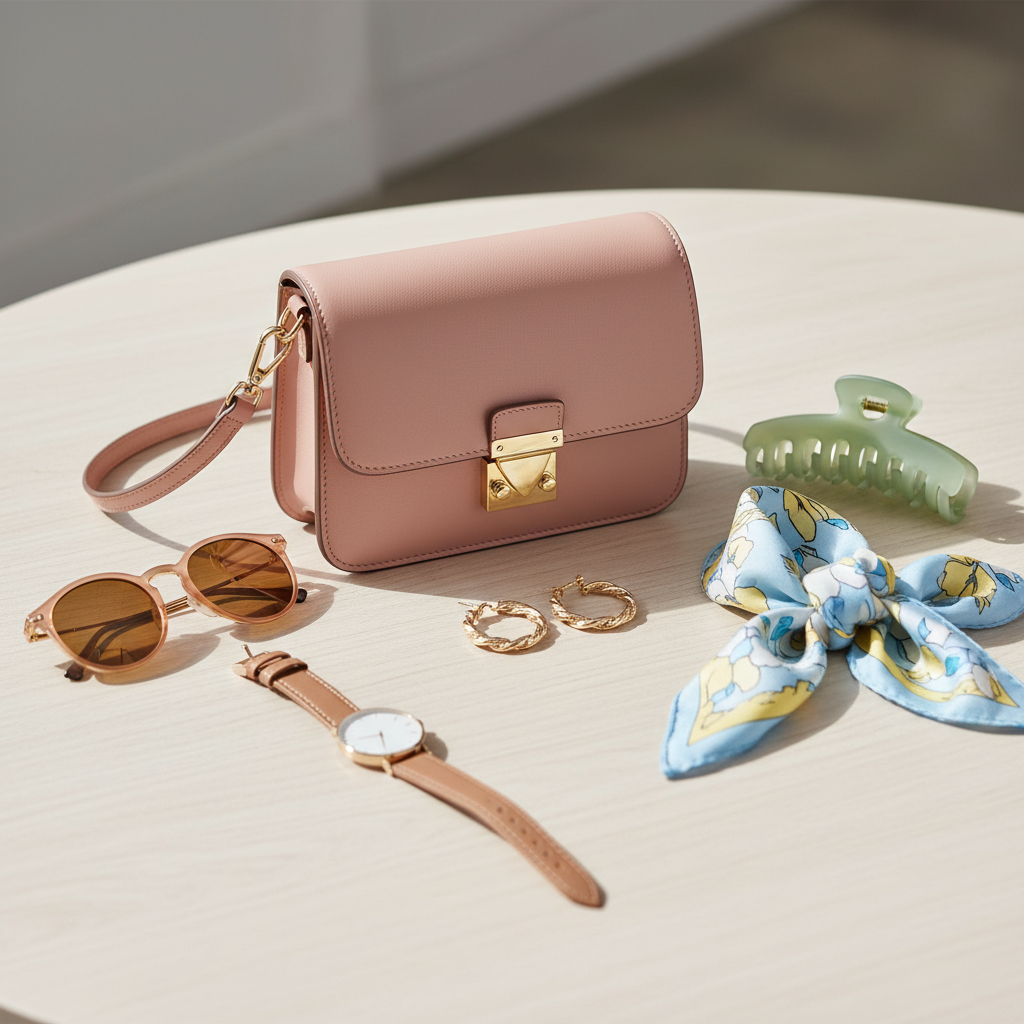 Casual cute spring outfit accessories like crossbody bag, gold jewelry, and hair clip