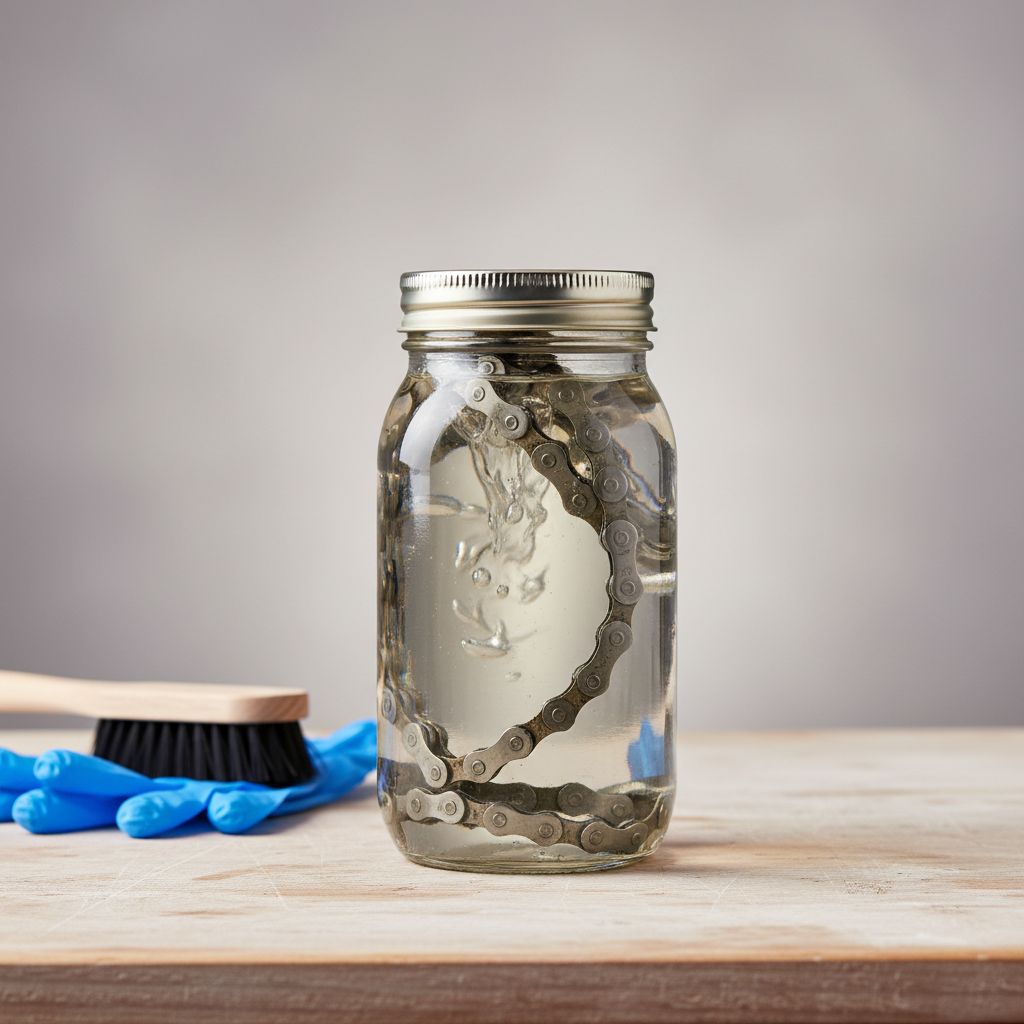 Bike chain soaking in a sealed jar with degreaser for deep cleaning