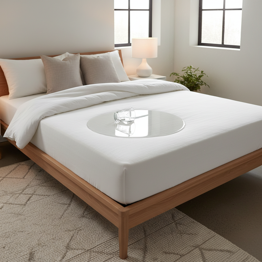 Waterproof mattress protector on a bed with a spill demonstration