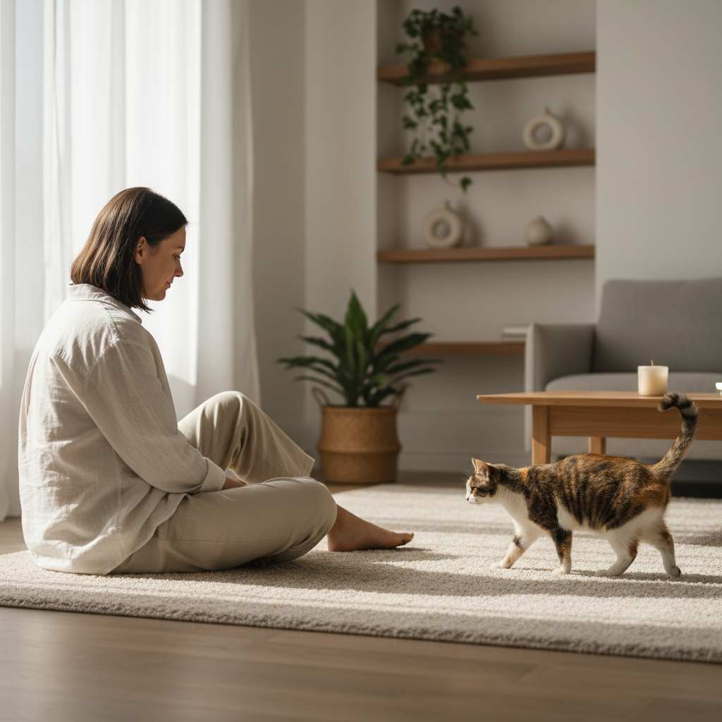 Person sitting calmly on the floor giving a cat space to approach