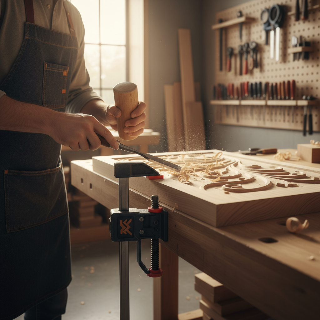 Woodworker carving relief pattern with gouge and mallet on bench