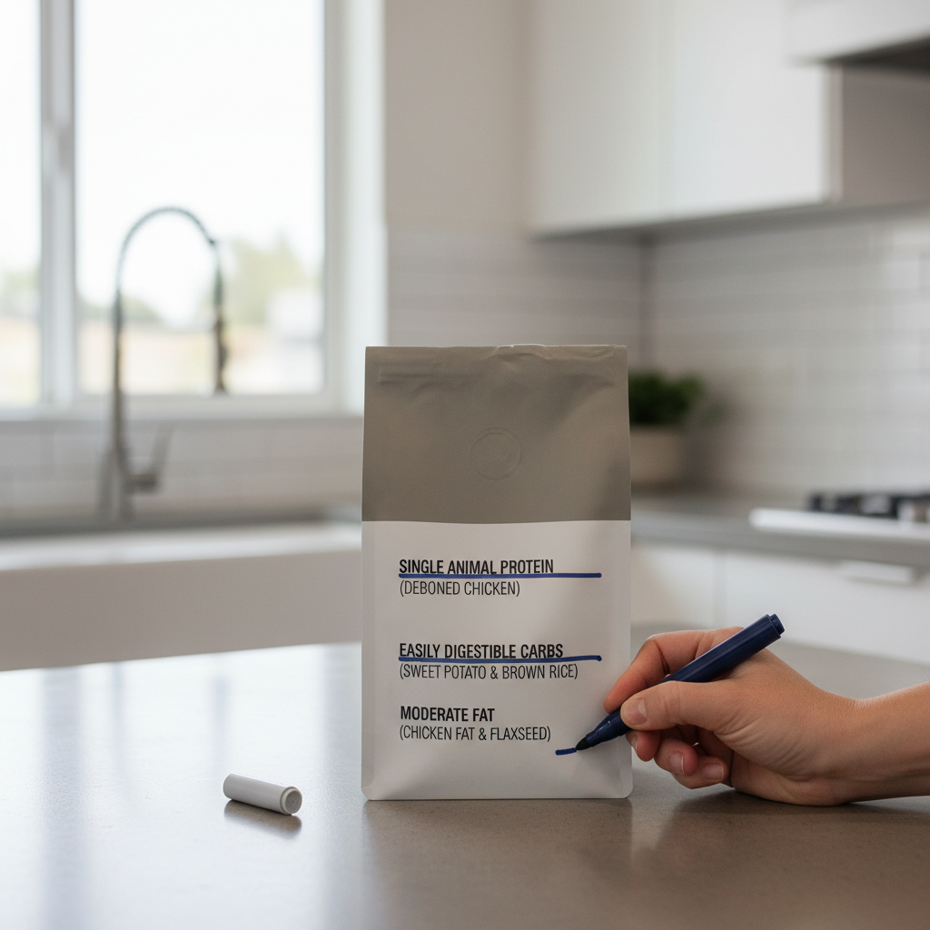 Close-up of dog food ingredient list highlighting single protein and moderate fat for sensitive stomach