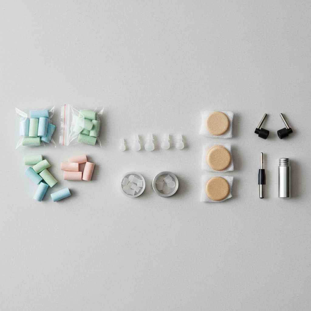 Comparison of different travel ear plug types on a clean tabletop