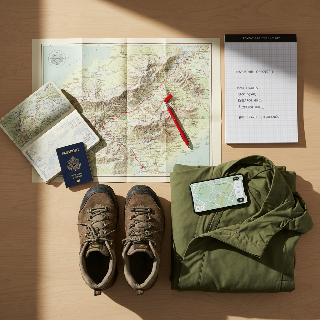 Adventure travel planning checklist on a table with map, passport, and gear