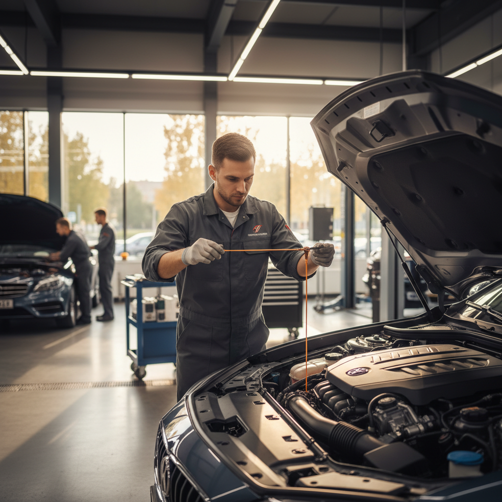 Mechanic checking engine oil level and condition