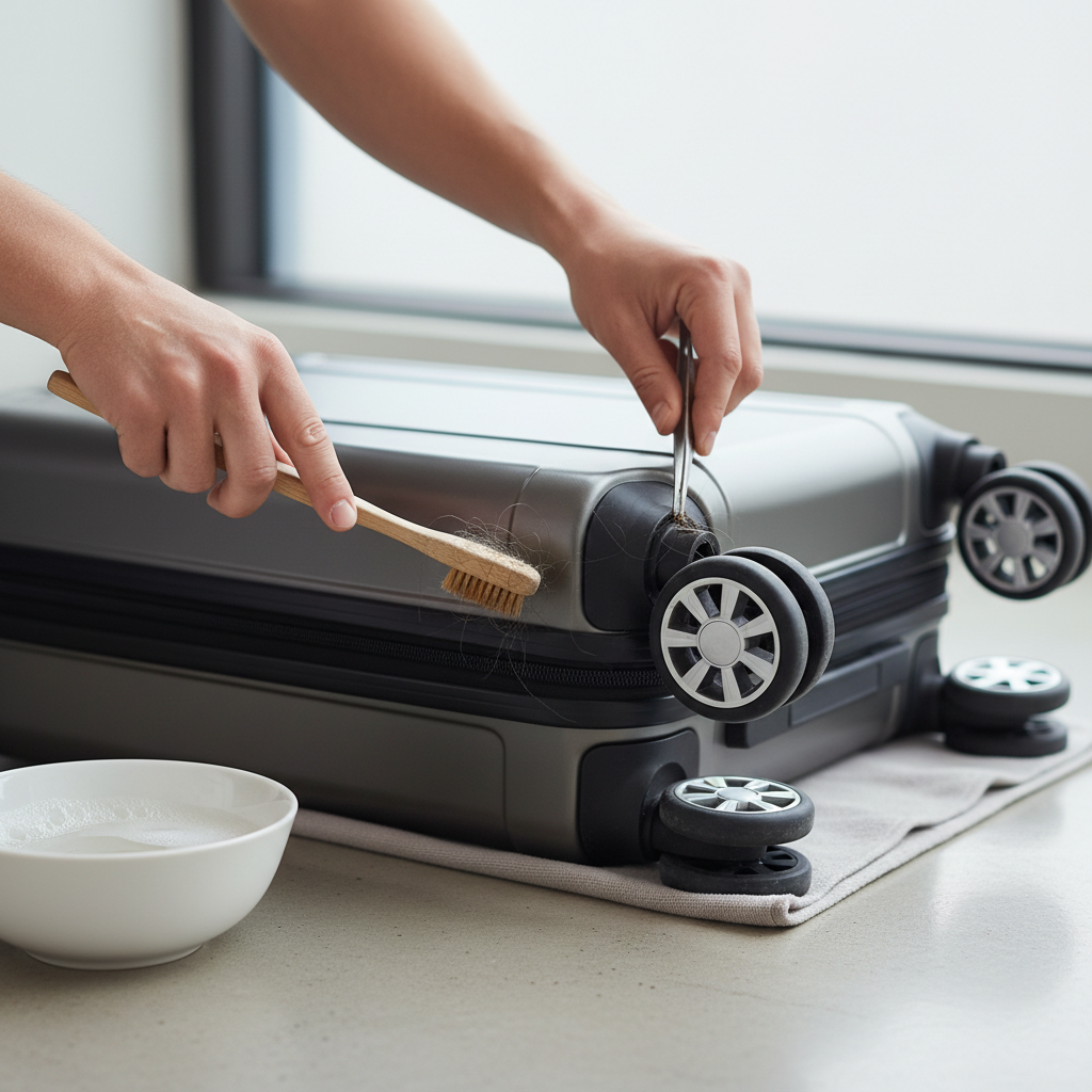 Cleaning suitcase wheels and removing hair to keep luggage rolling smoothly