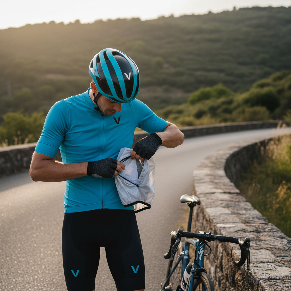 Cyclist packing a lightweight cycling jacket into a jersey pocket
