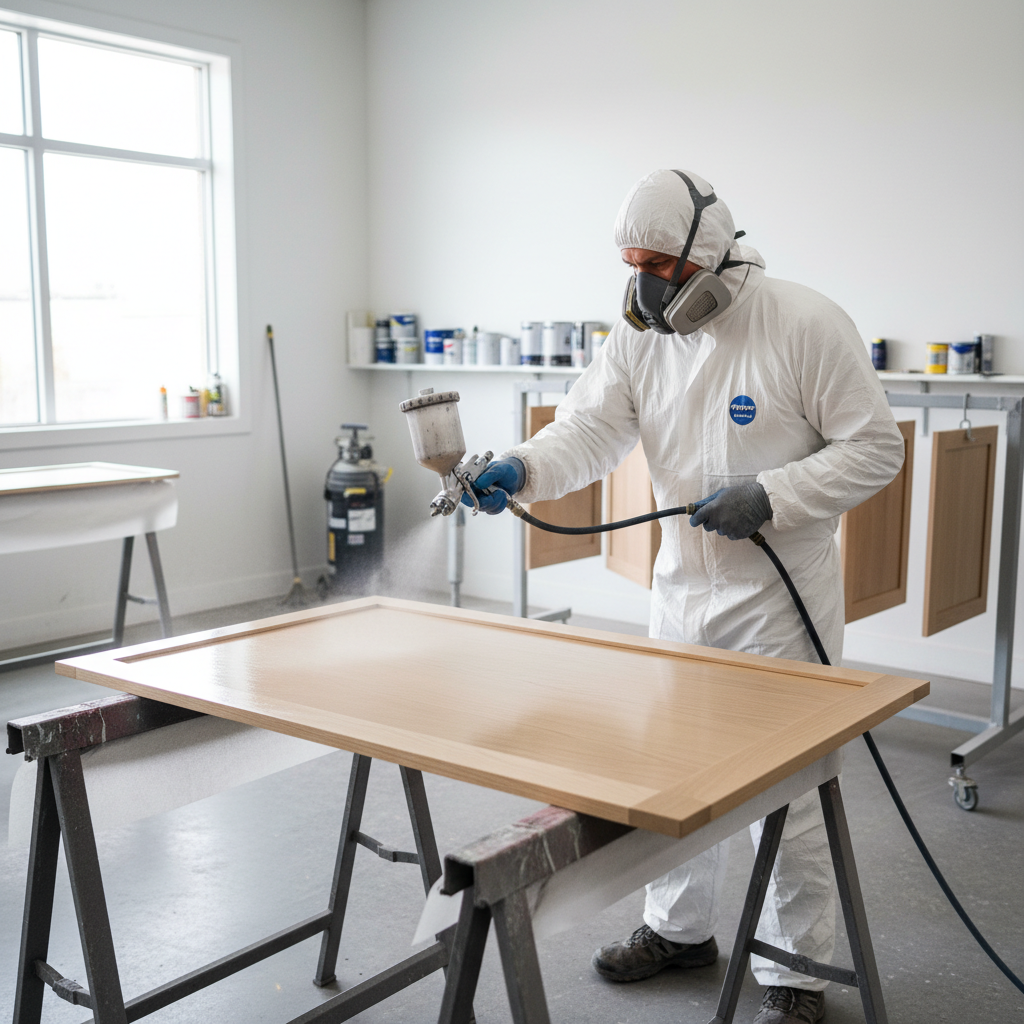Painter spraying a cabinet door on sawhorses with controlled overlap
