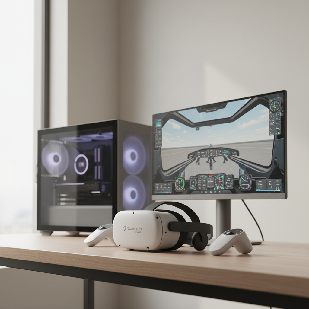 VR simulation gaming setup with headset, controllers, and PC