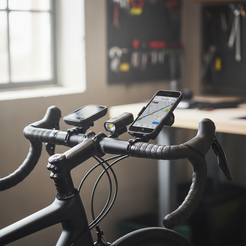 Bike handlebar extender installed with bike computer light and phone mount