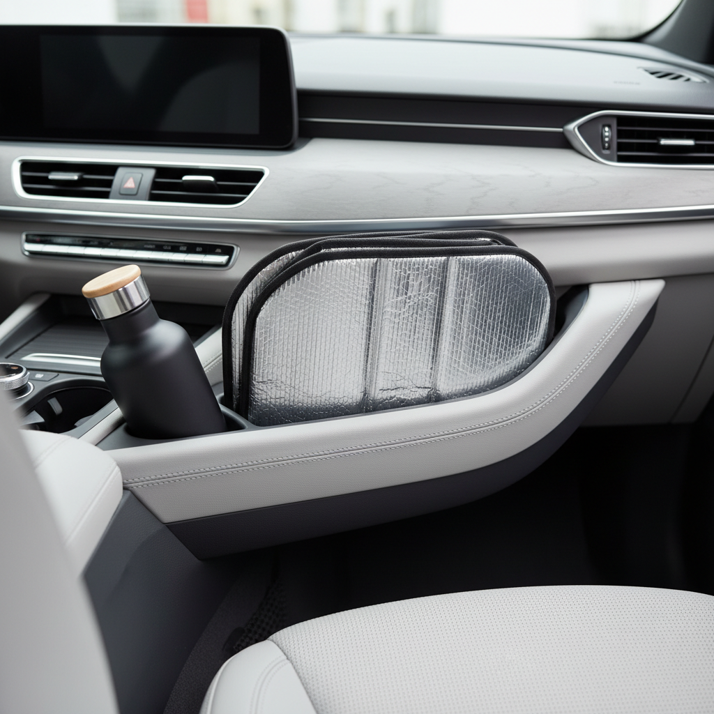 Foldable windshield sun shade neatly stored in a car door pocket