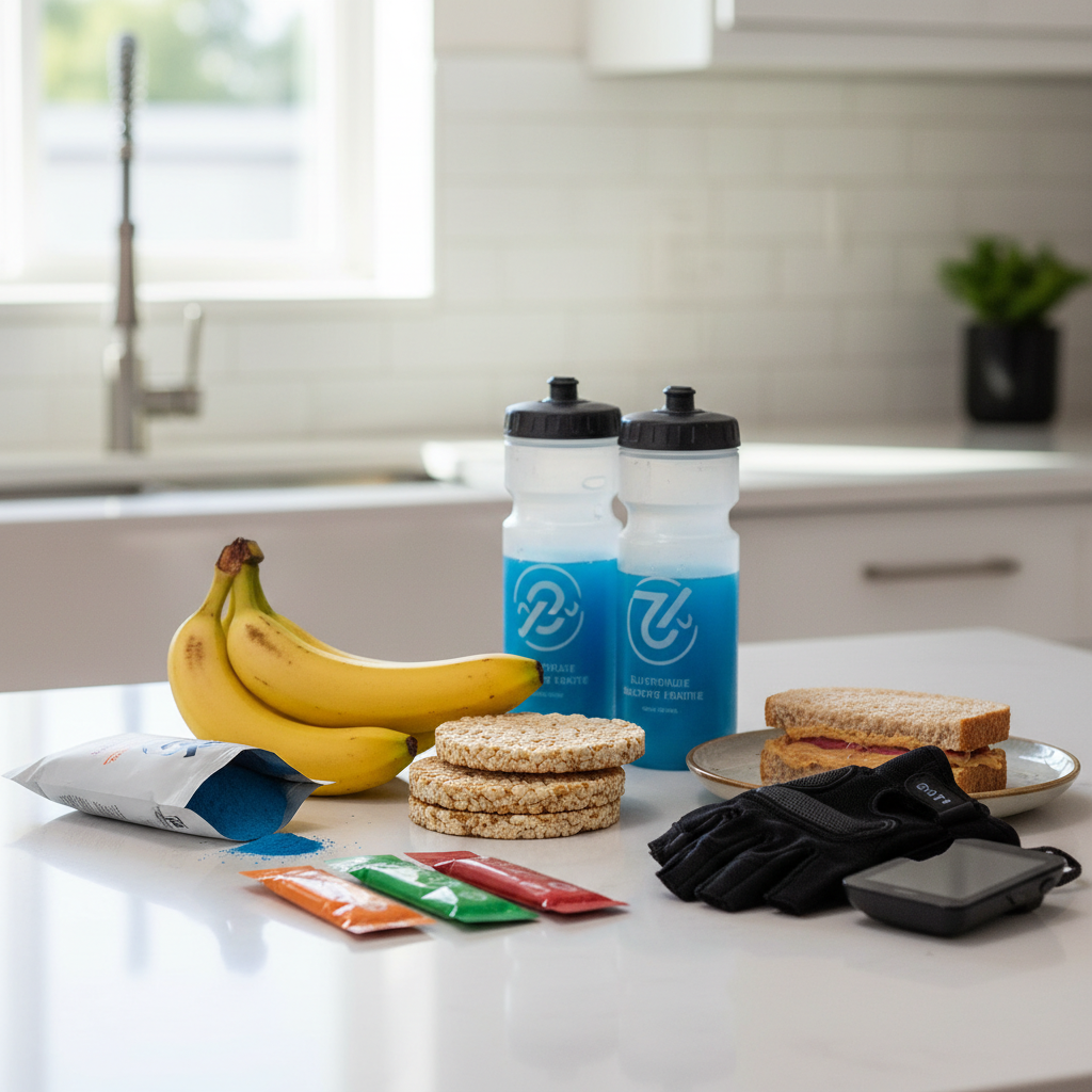 Cycling nutrition for long distance bike ride with bottles, gels, bananas, and electrolyte mix