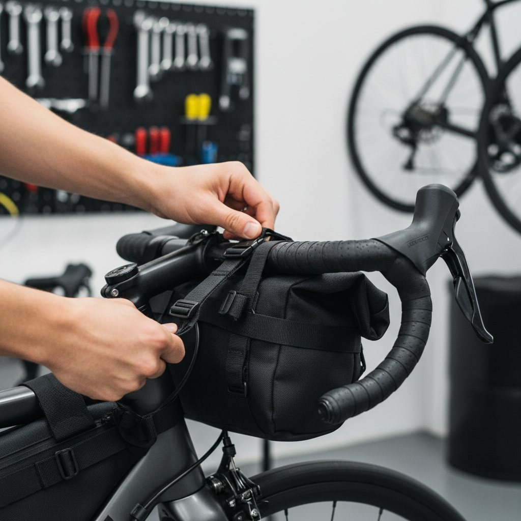 Proper strap placement on handlebar bag to prevent sway and cable interference