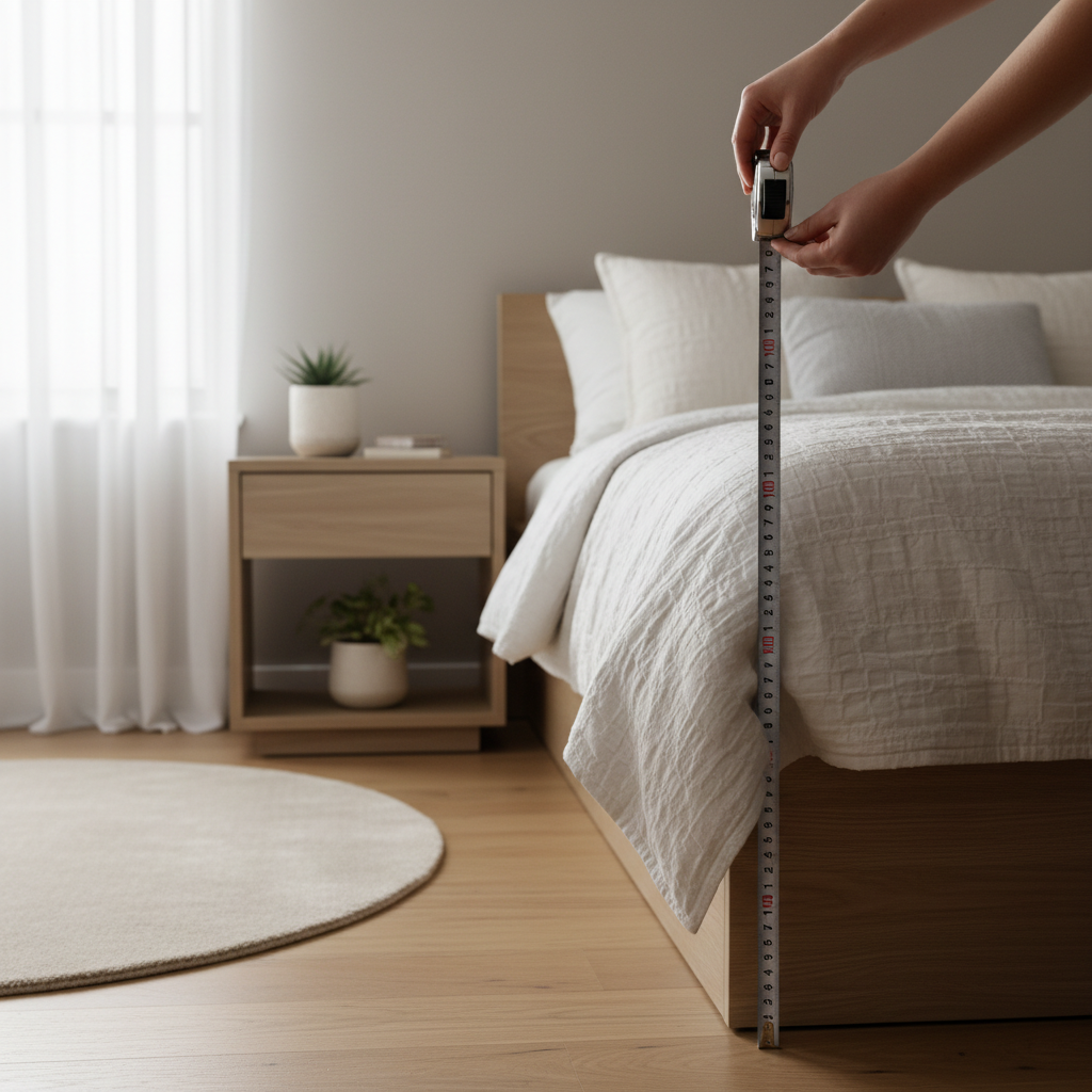 Measuring tape checking nightstand height next to a bed in a small room