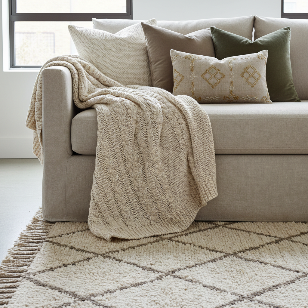 Layered living room textiles with rug, throw blanket, and pillows