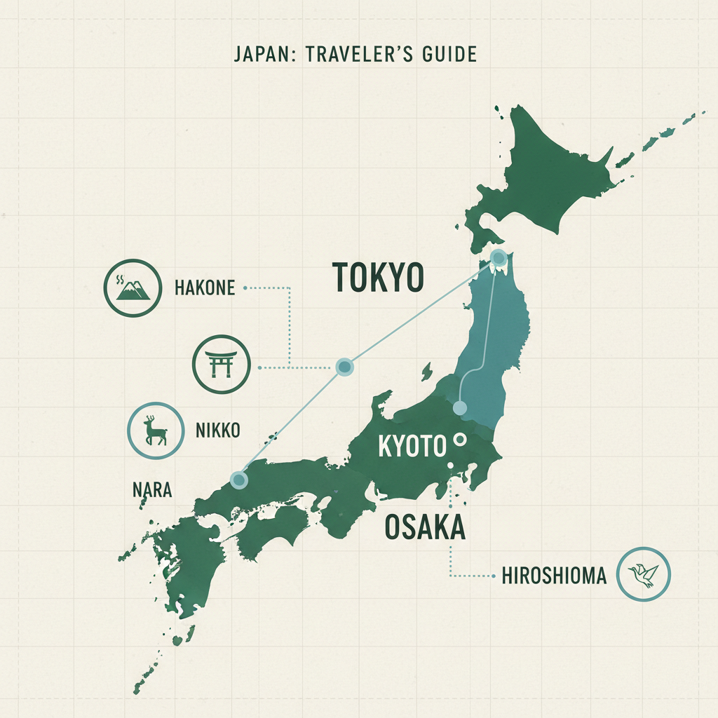 Japan itinerary route concept with Tokyo Kyoto Osaka and day trips