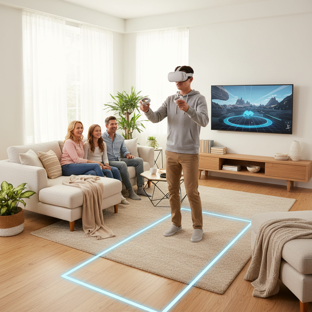 Family playing VR together in a living room with safe play space